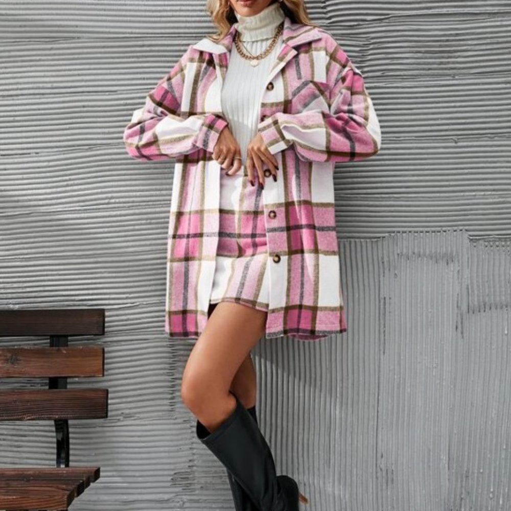 2 piece set Plaid Print Button Front Overcoat & Skirt Pink - Picture 4 of 5